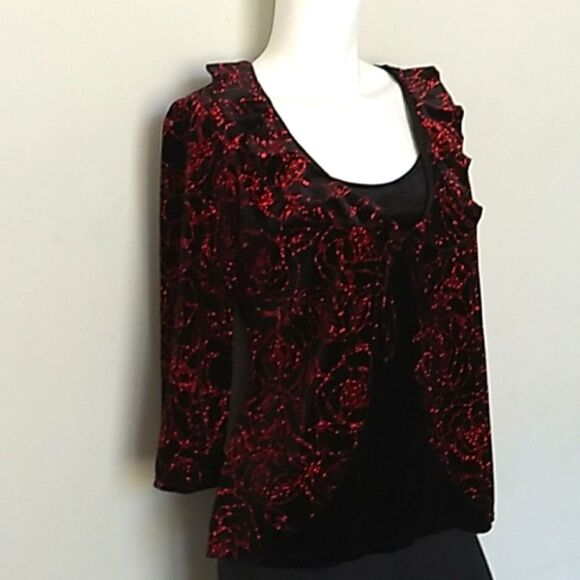 Notations Formal Black Velvet/Red Glitter Ruffled Overlay Blouse. Sz PM - Picture 3 of 9